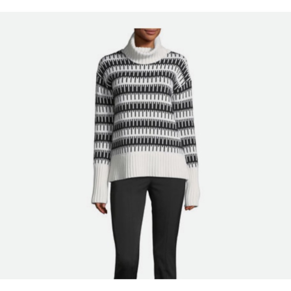 Theory Wydora J Charmant Turtleneck Sweater Black Ivory Wool Cashmere SZ S
